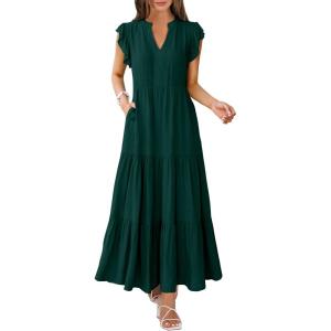 ANRABESS Womens Summer Casual Maxi Dress V Neck Ruffle Sleeve Long Dresses Fashion Flowy Tiered Boho Beach Vacation Sundress(Deep Green)