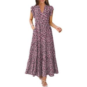 ANRABESS Womens Summer Casual Maxi Dress V Neck Ruffle Sleeve Long Dresses Fashion Flowy Tiered Boho Beach Vacation Sundress(Floral Black Pink)