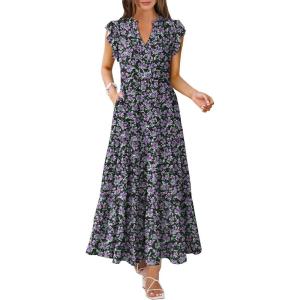 ANRABESS Womens Summer Casual Maxi Dress V Neck Ruffle Sleeve Long Dresses Fashion Flowy Tiered Boho Beach Vacation Sundress(Floral Black Purple)