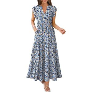 ANRABESS Womens Summer Casual Maxi Dress V Neck Ruffle Sleeve Long Dresses Fashion Flowy Tiered Boho Beach Vacation Sundress(Floral Blue Yellow)