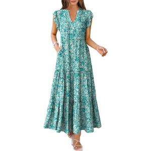 ANRABESS Womens Summer Casual Maxi Dress V Neck Ruffle Sleeve Long Dresses Fashion Flowy Tiered Boho Beach Vacation Sundress(Floral Green)