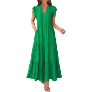 ANRABESS Womens Summer Casual Maxi Dress V Neck Ruffle Sleeve Long Dresses Fashion Flowy Tiered Boho Beach Vacation Sundress(Forest)