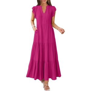 ANRABESS Womens Summer Casual Maxi Dress V Neck Ruffle Sleeve Long Dresses Fashion Flowy Tiered Boho Beach Vacation Sundress(Hot Pink)