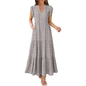 ANRABESS Womens Summer Casual Maxi Dress V Neck Ruffle Sleeve Long Dresses Fashion Flowy Tiered Boho Beach Vacation Sundress(Khaki Polka Dot)