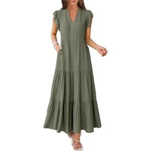 ANRABESS Womens Summer Casual Maxi Dress V Neck Ruffle Sleeve Long Dresses Fashion Flowy Tiered Boho Beach Vacation Sundress(Olive)