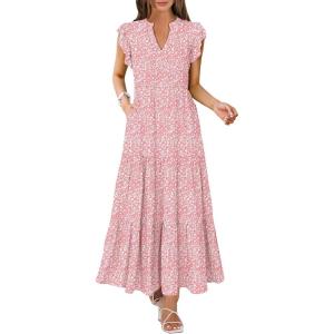 ANRABESS Womens Summer Casual Maxi Dress V Neck Ruffle Sleeve Long Dresses Fashion Flowy Tiered Boho Beach Vacation Sundress(Pink Floral)
