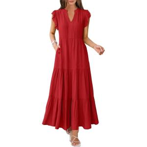 ANRABESS Womens Summer Casual Maxi Dress V Neck Ruffle Sleeve Long Dresses Fashion Flowy Tiered Boho Beach Vacation Sundress(Red)