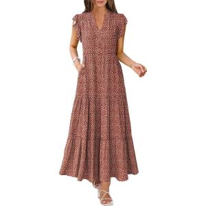 ANRABESS Womens Summer Casual Maxi Dress V Neck Ruffle Sleeve Long Dresses Fashion Flowy Tiered Boho Beach Vacation Sundress(Rust Red White Dot)