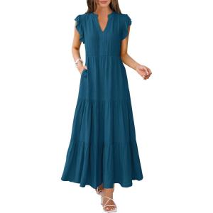 ANRABESS Womens Summer Casual Maxi Dress V Neck Ruffle Sleeve Long Dresses Fashion Flowy Tiered Boho Beach Vacation Sundress(Teal Blue)