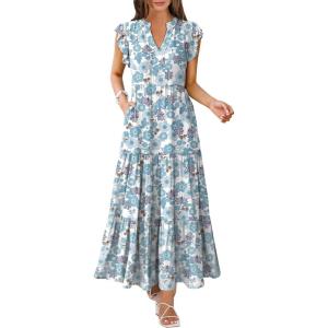 ANRABESS Womens Summer Casual Maxi Dress V Neck Ruffle Sleeve Long Dresses Fashion Flowy Tiered Boho Beach Vacation Sundress(White Blue Floral)