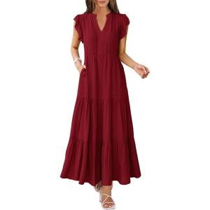ANRABESS Womens Summer Casual Maxi Dress V Neck Ruffle Sleeve Long Dresses Fashion Flowy Tiered Boho Beach Vacation Sundress(Wine Red)
