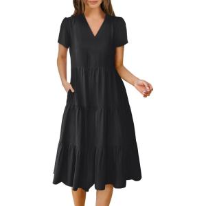ANRABESS Women’s Summer Casual Short Sleeve V Neck Midi Dresses 2025 Spring Flowy A-line Tiered T Shirts Boho Beach Dress(Black)