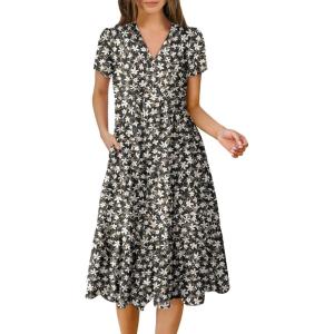 ANRABESS Women’s Summer Casual Short Sleeve V Neck Midi Dresses 2025 Spring Flowy A-line Tiered T Shirts Boho Beach Dress(Black White Floral)