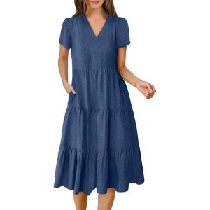 ANRABESS Women’s Summer Casual Short Sleeve V Neck Midi Dresses 2025 Spring Flowy A-line Tiered T Shirts Boho Beach Dress(Blue)