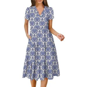 ANRABESS Women’s Summer Casual Short Sleeve V Neck Midi Dresses 2025 Spring Flowy A-line Tiered T Shirts Boho Beach Dress(Blue Khaki Floral)