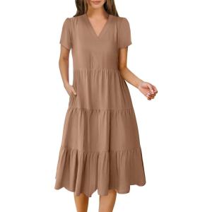 ANRABESS Women’s Summer Casual Short Sleeve V Neck Midi Dresses 2025 Spring Flowy A-line Tiered T Shirts Boho Beach Dress(Brown Beige)