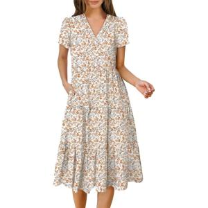 ANRABESS Women’s Summer Casual Short Sleeve V Neck Midi Dresses 2025 Spring Flowy A-line Tiered T Shirts Boho Beach Dress(Colorful Pink Floral)