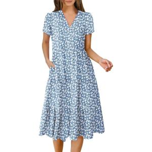 ANRABESS Women’s Summer Casual Short Sleeve V Neck Midi Dresses 2025 Spring Flowy A-line Tiered T Shirts Boho Beach Dress(Floral Blue)