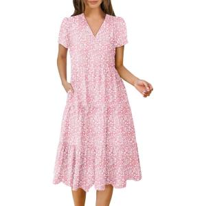 ANRABESS Women’s Summer Casual Short Sleeve V Neck Midi Dresses 2025 Spring Flowy A-line Tiered T Shirts Boho Beach Dress(Floral Pink)