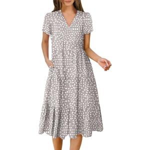 ANRABESS Women’s Summer Casual Short Sleeve V Neck Midi Dresses 2025 Spring Flowy A-line Tiered T Shirts Boho Beach Dress(Gray With White Spots Polka Dot)