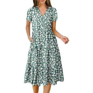 ANRABESS Women’s Summer Casual Short Sleeve V Neck Midi Dresses 2025 Spring Flowy A-line Tiered T Shirts Boho Beach Dress(Green Beige Floral)