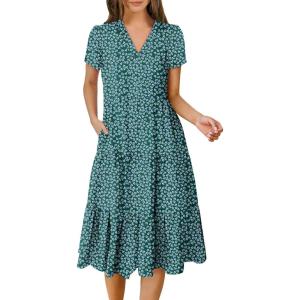 ANRABESS Women’s Summer Casual Short Sleeve V Neck Midi Dresses 2025 Spring Flowy A-line Tiered T Shirts Boho Beach Dress(Green Blue Floral)