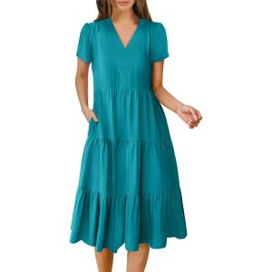 ANRABESS Women’s Summer Casual Short Sleeve V Neck Midi Dresses 2025 Spring Flowy A-line Tiered T Shirts Boho Beach Dress(Lake Green)