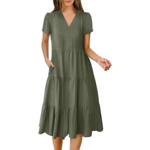 ANRABESS Women’s Summer Casual Short Sleeve V Neck Midi Dresses 2025 Spring Flowy A-line Tiered T Shirts Boho Beach Dress(Olive Green)