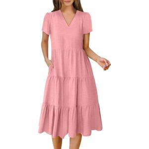 ANRABESS Women’s Summer Casual Short Sleeve V Neck Midi Dresses 2025 Spring Flowy A-line Tiered T Shirts Boho Beach Dress(Peach)