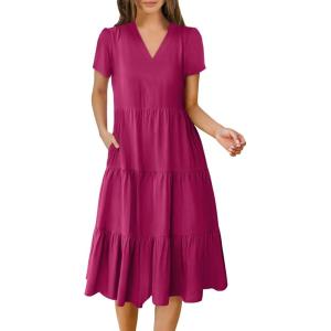 ANRABESS Women’s Summer Casual Short Sleeve V Neck Midi Dresses 2025 Spring Flowy A-line Tiered T Shirts Boho Beach Dress(Rose)