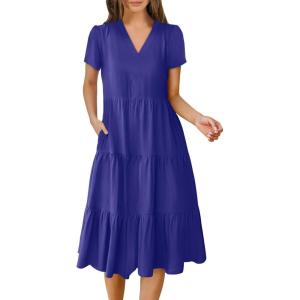 ANRABESS Women’s Summer Casual Short Sleeve V Neck Midi Dresses 2025 Spring Flowy A-line Tiered T Shirts Boho Beach Dress(Royal Blue)