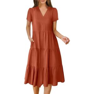 ANRABESS Women’s Summer Casual Short Sleeve V Neck Midi Dresses 2025 Spring Flowy A-line Tiered T Shirts Boho Beach Dress(Rust Red)