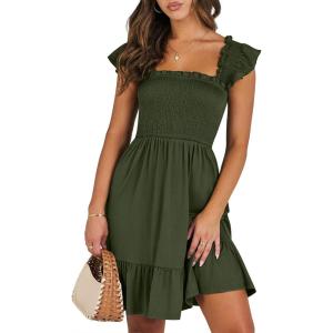 ANRABESS Women’s Summer Casual Sleeveless Square Neck Dress 2025 Smocked Ruffle Backless Boho Beach Cute Teen Short Sundress(Army Green)