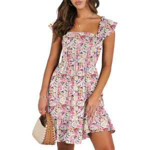 ANRABESS Women’s Summer Casual Sleeveless Square Neck Dress 2025 Smocked Ruffle Backless Boho Beach Cute Teen Short Sundress(Print Floral)