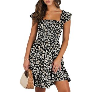 ANRABESS Women’s Summer Casual Sleeveless Square Neck Dress 2025 Smocked Ruffle Backless Boho Beach Cute Teen Short Sundress(Print Floral Black)