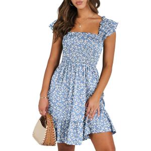 ANRABESS Women’s Summer Casual Sleeveless Square Neck Dress 2025 Smocked Ruffle Backless Boho Beach Cute Teen Short Sundress(Print Floral Blue)