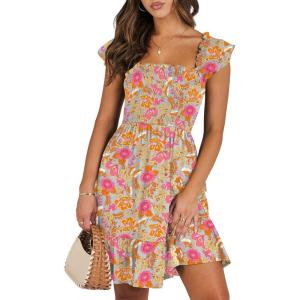 ANRABESS Women’s Summer Casual Sleeveless Square Neck Dress 2025 Smocked Ruffle Backless Boho Beach Cute Teen Short Sundress(Print Floral Colour)