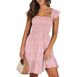 ANRABESS Women’s Summer Casual Sleeveless Square Neck Dress 2025 Smocked Ruffle Backless Boho Beach Cute Teen Short Sundress(Print Floral Pink)