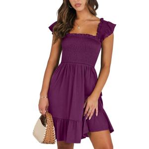 ANRABESS Women’s Summer Casual Sleeveless Square Neck Dress 2025 Smocked Ruffle Backless Boho Beach Cute Teen Short Sundress(Purple Red)