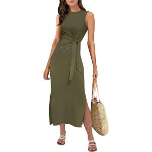 ANRABESS Womens Summer Casual Sleeveless T Shirt Midi Dress Slim Fit Tie Waist Split Tank Long Dresses 2025 Vacation Sundress(Army Green)
