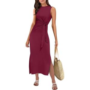 ANRABESS Womens Summer Casual Sleeveless T Shirt Midi Dress Slim Fit Tie Waist Split Tank Long Dresses 2025 Vacation Sundress(Burgundy)