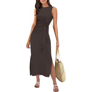ANRABESS Womens Summer Casual Sleeveless T Shirt Midi Dress Slim Fit Tie Waist Split Tank Long Dresses 2025 Vacation Sundress(Coffee)