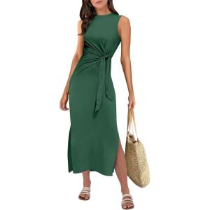 ANRABESS Womens Summer Casual Sleeveless T Shirt Midi Dress Slim Fit Tie Waist Split Tank Long Dresses 2025 Vacation Sundress(Deep Green)