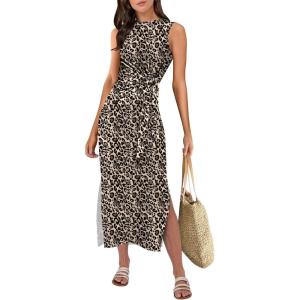 ANRABESS Womens Summer Casual Sleeveless T Shirt Midi Dress Slim Fit Tie Waist Split Tank Long Dresses 2025 Vacation Sundress(Leopard Print)