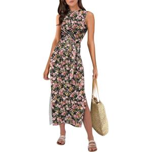 ANRABESS Womens Summer Casual Sleeveless T Shirt Midi Dress Slim Fit Tie Waist Split Tank Long Dresses 2025 Vacation Sundress(Multicolor Floral)