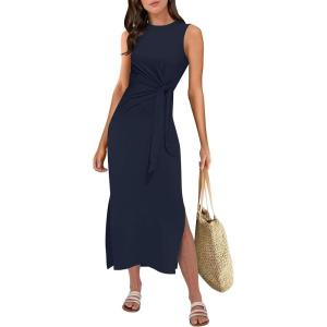 ANRABESS Womens Summer Casual Sleeveless T Shirt Midi Dress Slim Fit Tie Waist Split Tank Long Dresses 2025 Vacation Sundress(Navy Blue)