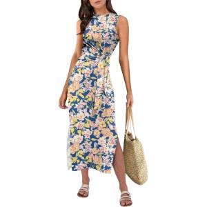 ANRABESS Womens Summer Casual Sleeveless T Shirt Midi Dress Slim Fit Tie Waist Split Tank Long Dresses 2025 Vacation Sundress(Print Blue Floral)