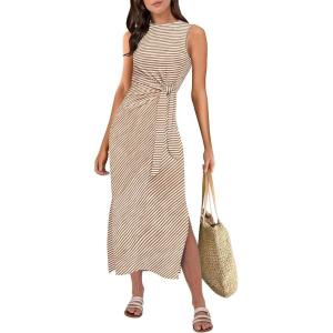 ANRABESS Womens Summer Casual Sleeveless T Shirt Midi Dress Slim Fit Tie Waist Split Tank Long Dresses 2025 Vacation Sundress(Striped Brown)