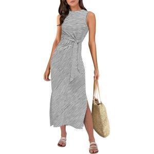 ANRABESS Womens Summer Casual Sleeveless T Shirt Midi Dress Slim Fit Tie Waist Split Tank Long Dresses 2025 Vacation Sundress(Striped Grey)