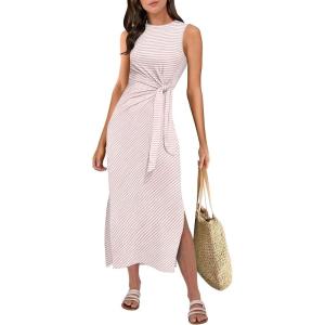 ANRABESS Womens Summer Casual Sleeveless T Shirt Midi Dress Slim Fit Tie Waist Split Tank Long Dresses 2025 Vacation Sundress(Striped Pink)